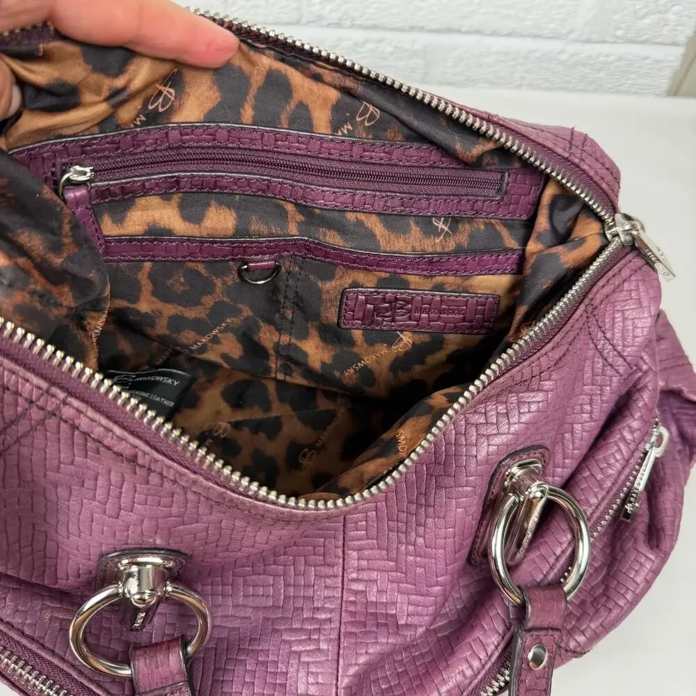 B MAKOWSKY Leather Mulberry Purple Woven Satchel Purse Handbag Y2K Double Handle